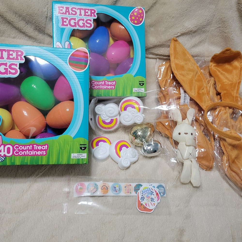 Party Set EASTER EGG HUNT, 12 Rabbit Ear Headband 80 large eggs prize eggs  NEW